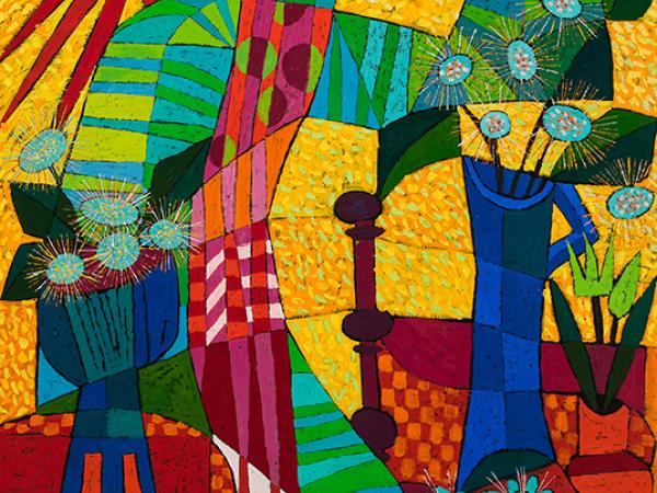 Abstract cubist colorblock painting resemble a landscape and a human figure at the same time