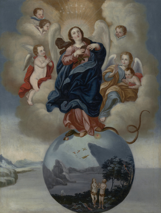 Virgin of the Apocalypse Standing on a Globe with Adam and Eve