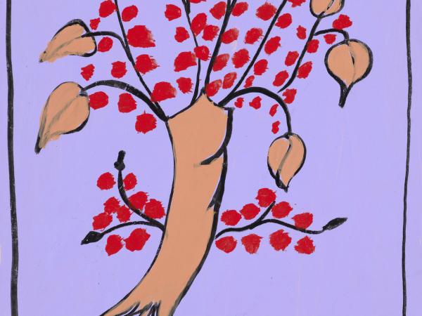 Tree with a human figure swimming in the dirt below it