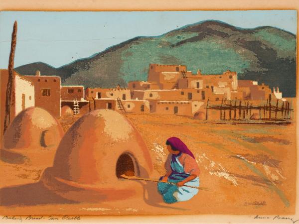 Woman in pueblo hut baking bread in Taos New Mexico
