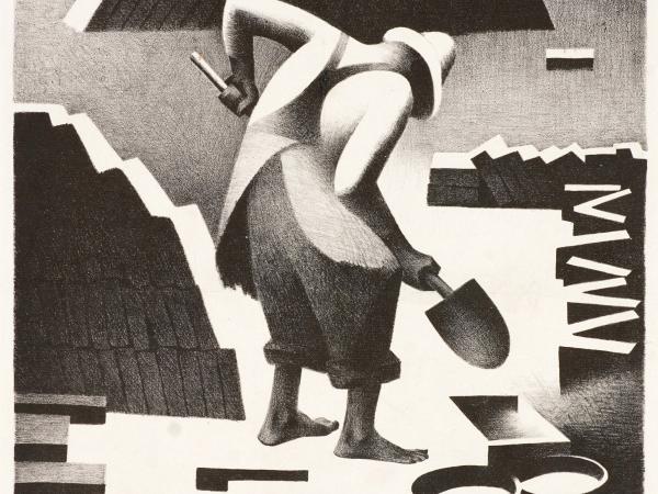 Lithograph image of a large man with a shovel laying bricks