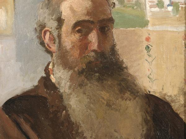 Self-portrait painting of an elderly Camille Pissarro with a bald head and long white beard