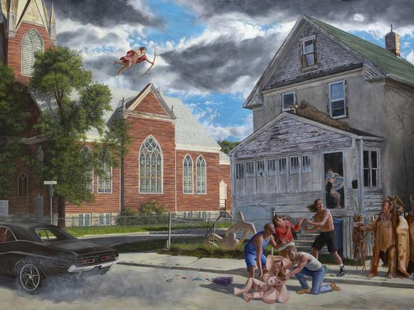 Woman dying in the streets in front of a church, comforted by a group of Native Americans