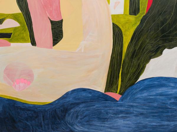 Abstract colorblock painting of a woman sleeping and dreaming in her bed