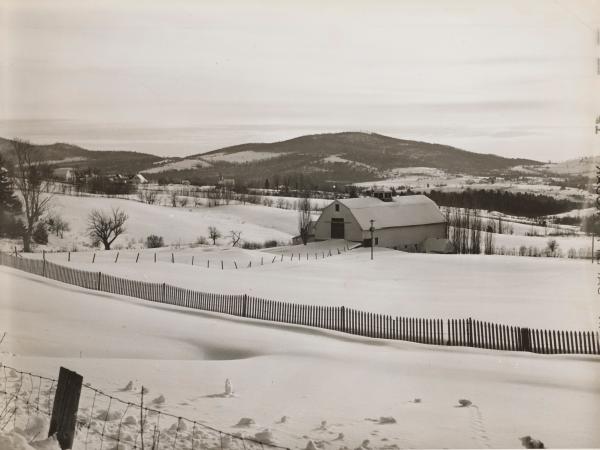 Snowy landscape of a sleepy farm town in 1940S New England