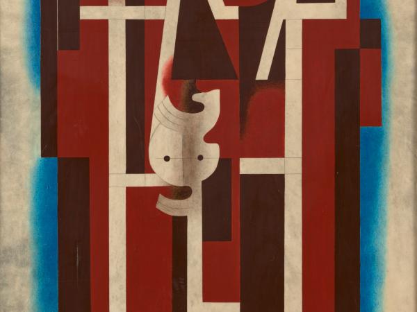 Abstract painting of colorblock shapes that reveal a shadowy figure woven in between