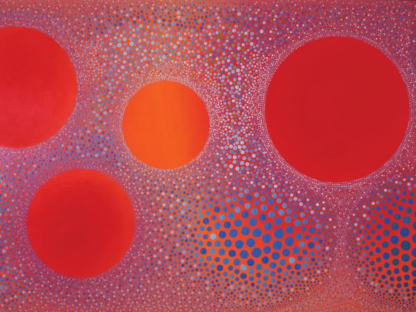 Abstract colorblock photo with four red swirling circles of different sizes