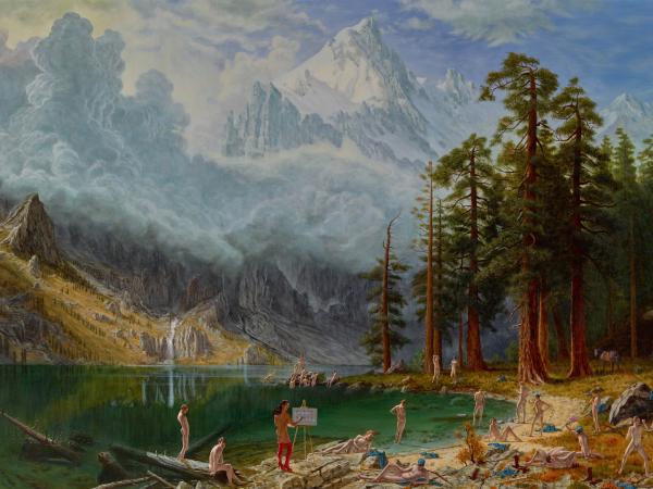 Lakeside forest scene with naked people and Native American figures painting