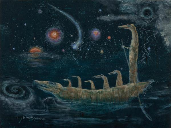 Surreal painting of a crocodile rowing a boat in a celestial water landscape