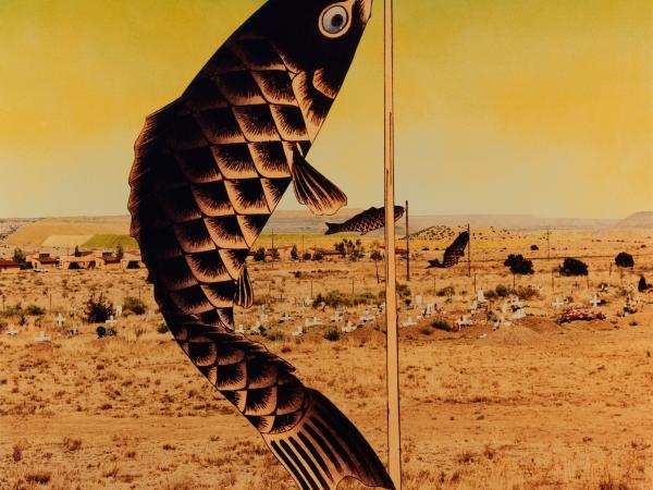 Fish on a hook in a desolate yellow-orange landscape