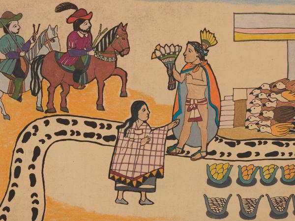 Scene depicting La Malinche translating for Spaniards