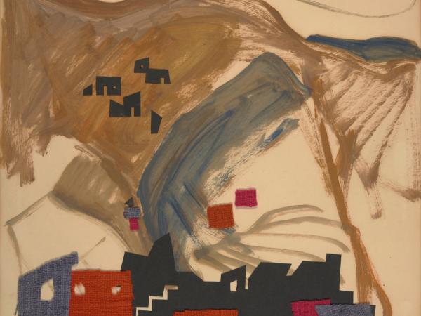 Textiles depicting a neighborhood of homes against a mountain backdrop