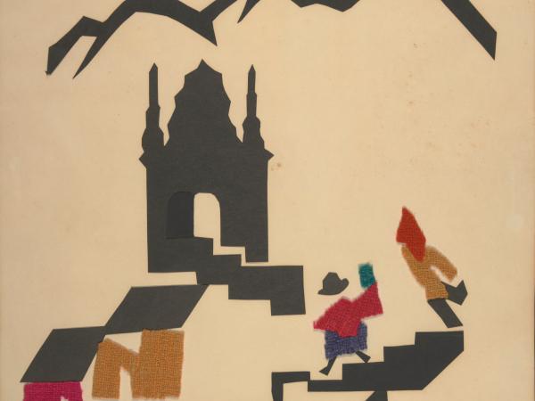 Textles depicting a home and two human-like figures