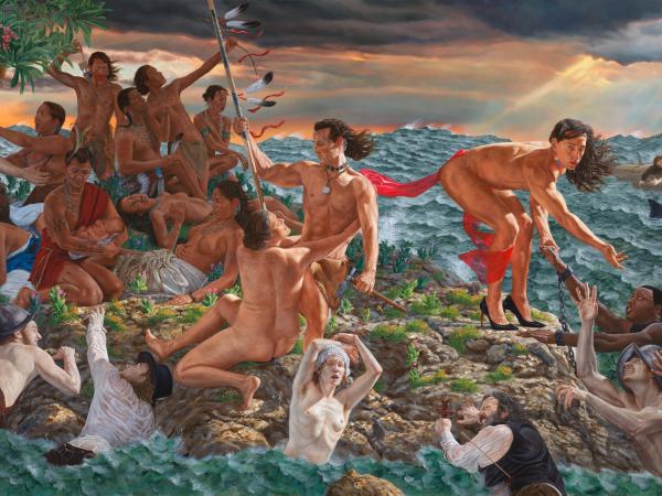 White people drowning and reaching for sanctuary from Native Americans on an island
