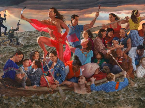 Mise-en-scène of a boat carrying a raft of Native American people with military figures on the shore in the background