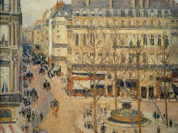 City square view of buildings, roads, people, and general hustle and bustle