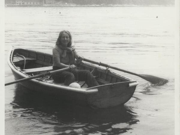 Nancy Hemenway towing a rowboat