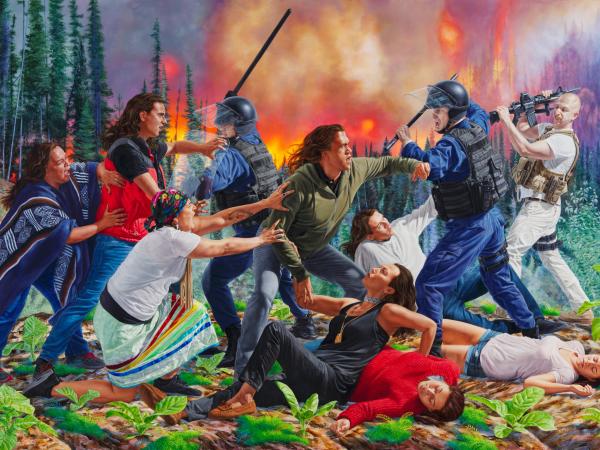 Group of Native Americans protecting plants and the forest from soldiers and a wildfire
