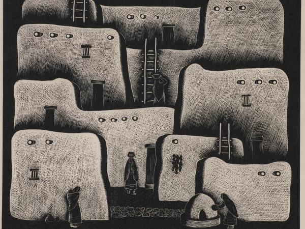 Rows of pueblo dwellings stacked together in a square image