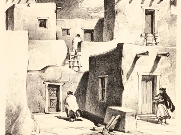 Lithograph drawing of a woman entering a pueblo dwelling