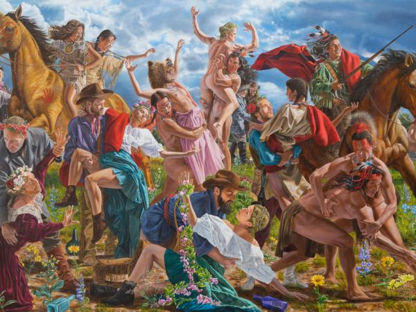 Chaotic scene of naked Native Americans embracing amidst white clothed settlers