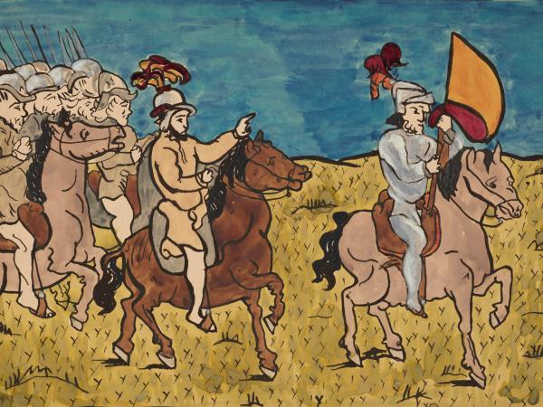 Illustration of Spanish military men on horseback marching in a line