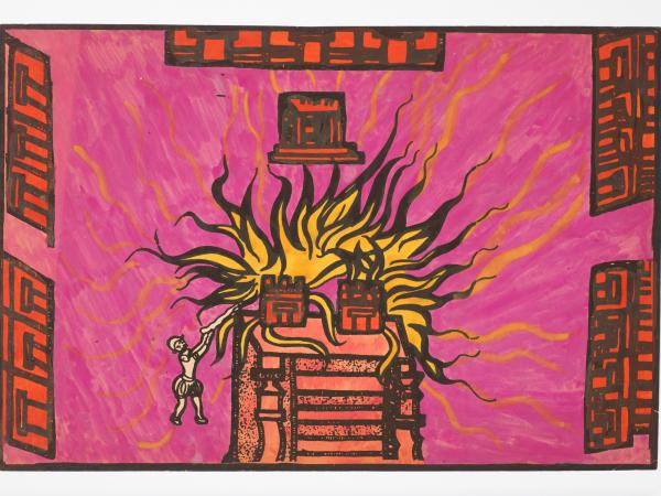 Temple set on fire surrounded by bright pink flames and colors