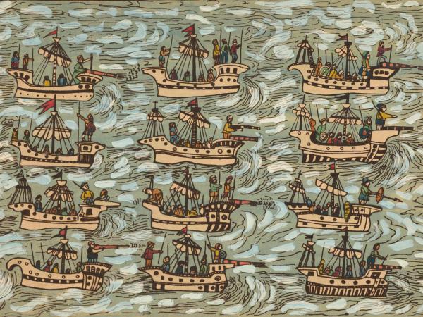 Repeated pattern of Spanish sailors sailing on ships