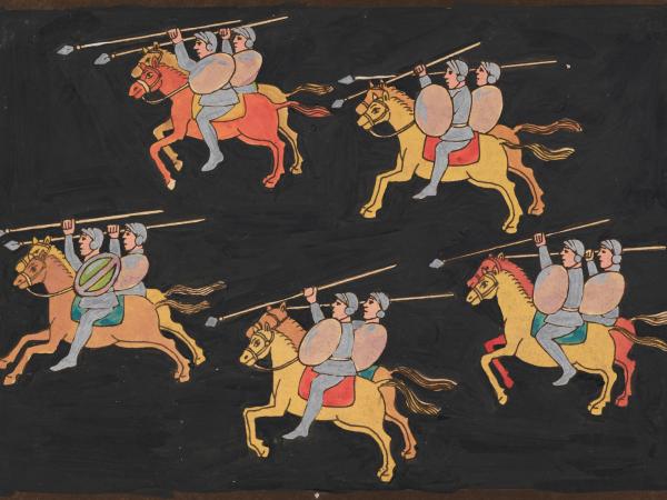 Spanish military men on horseback with shields and spears drawn