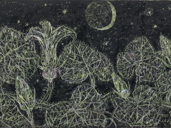 Black and yellow pastel painting of a summer night sky