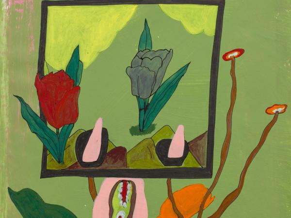 Abstract painting of a flower bouquet with leaves and petals framed to represent a picture