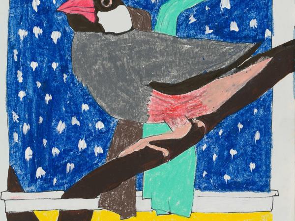 Colorful bird on a branch on a windowsill