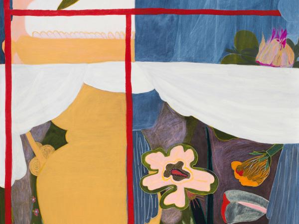 Windowsill view of a garden and flower bed