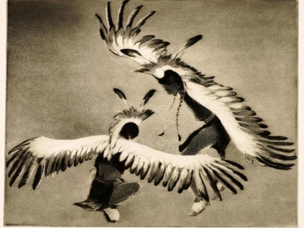 Two eagles mid-flight facing each other