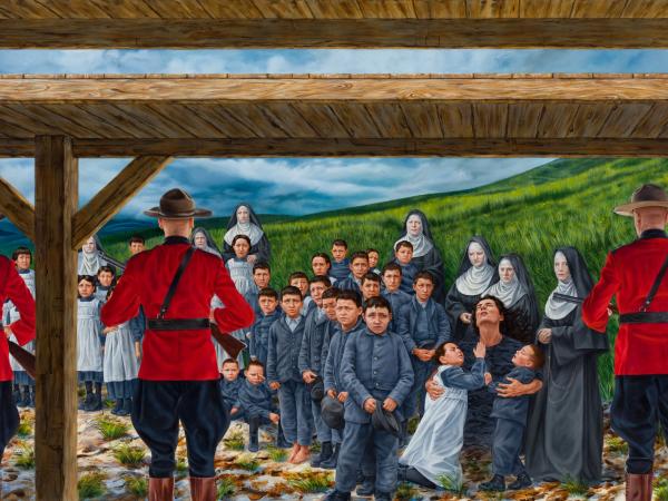 Soldiers presiding over nuns and children at gunpoint