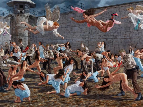 Angels hovering over chaotic scene of naked captives in an enclosed outdoor prison area