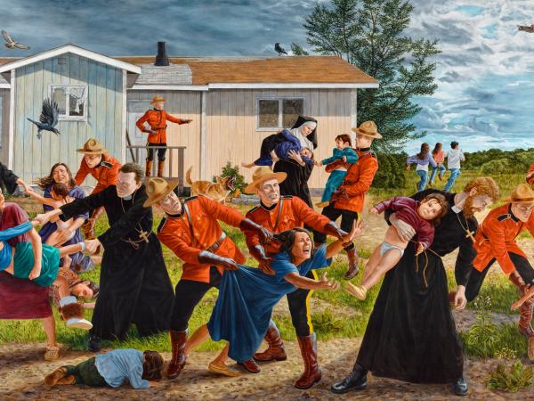 Tableau of priests and soldiers invading a community and kidnapping children