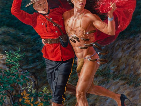 A solider and a Native American intertwined and running from a rainstorm