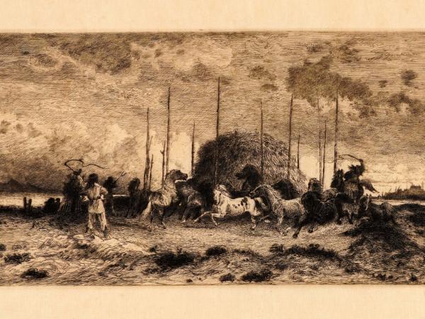 Small print of figures in a landscape gathered around a harvest