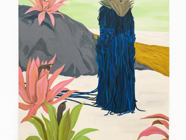 Woman in a blue garment in the middle of a fantastical landscape