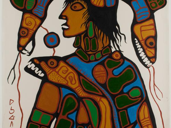 Abstract figure of a man wearing a two-headed snake-like hat