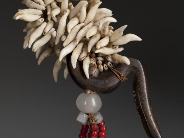 Large earring made out of tortoise shell, porpoise teeth, and red glass beads that dangle