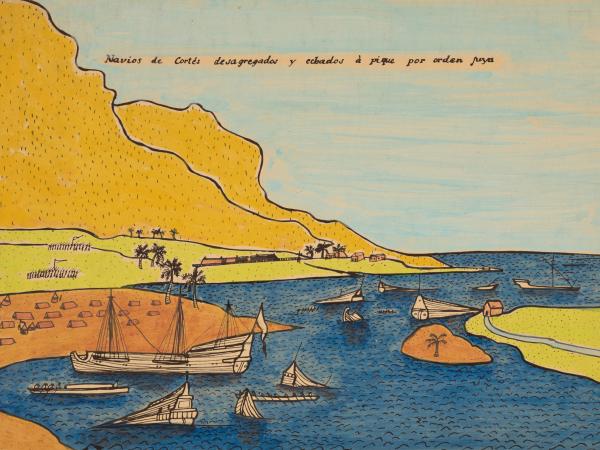 Cove with yellow mountains and blue waters filled with ships