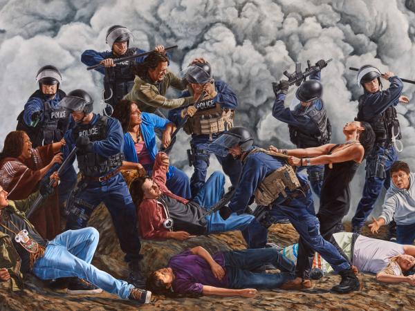 Tableau of Native American men and women protesting brutal policemen