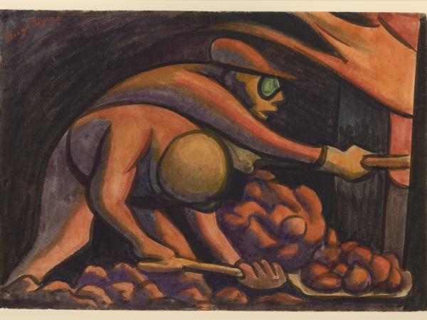 Two works in a dark coal mine with picking axes