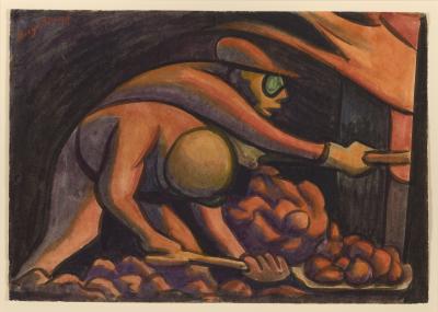 Two works in a dark coal mine with picking axes